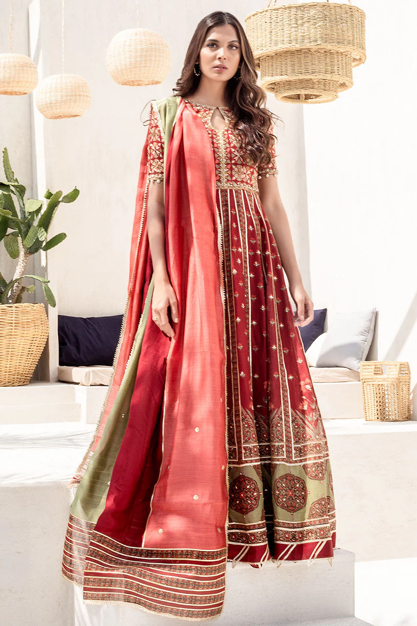 Burgundy Printed Long Peshwaas With Zardoze And Gota Work And Two-Tone Khaddi Silk Dupatta - Image 3