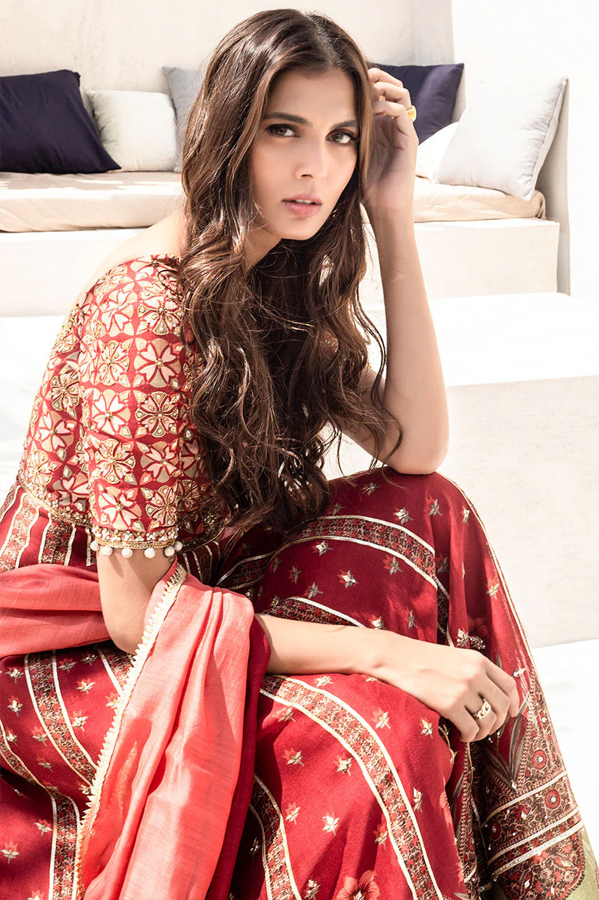 Burgundy Printed Long Peshwaas With Zardoze And Gota Work And Two-Tone Khaddi Silk Dupatta - Image 5