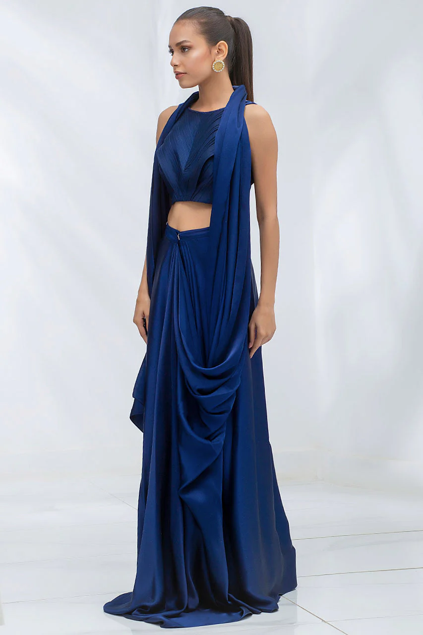 Charmeuse Draped Sari With Silk Pleated Choli With Screen Print Detailing - Image 4