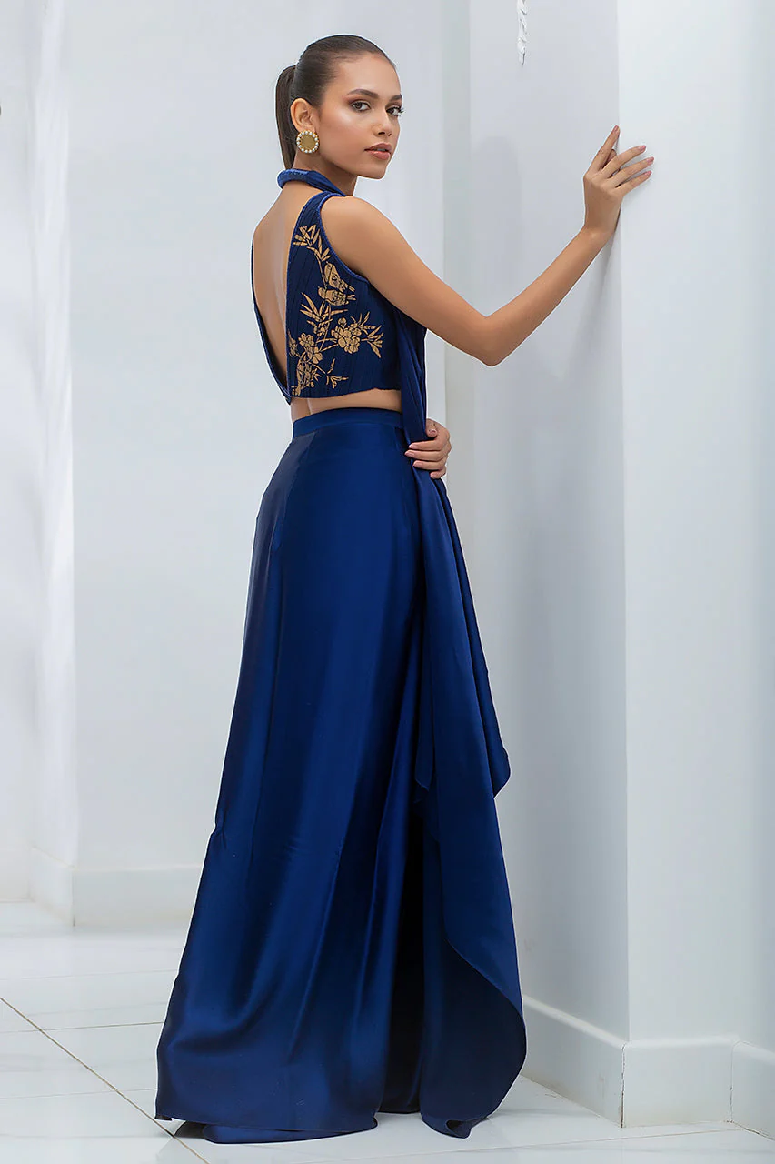 Charmeuse Draped Sari With Silk Pleated Choli With Screen Print Detailing - Image 5