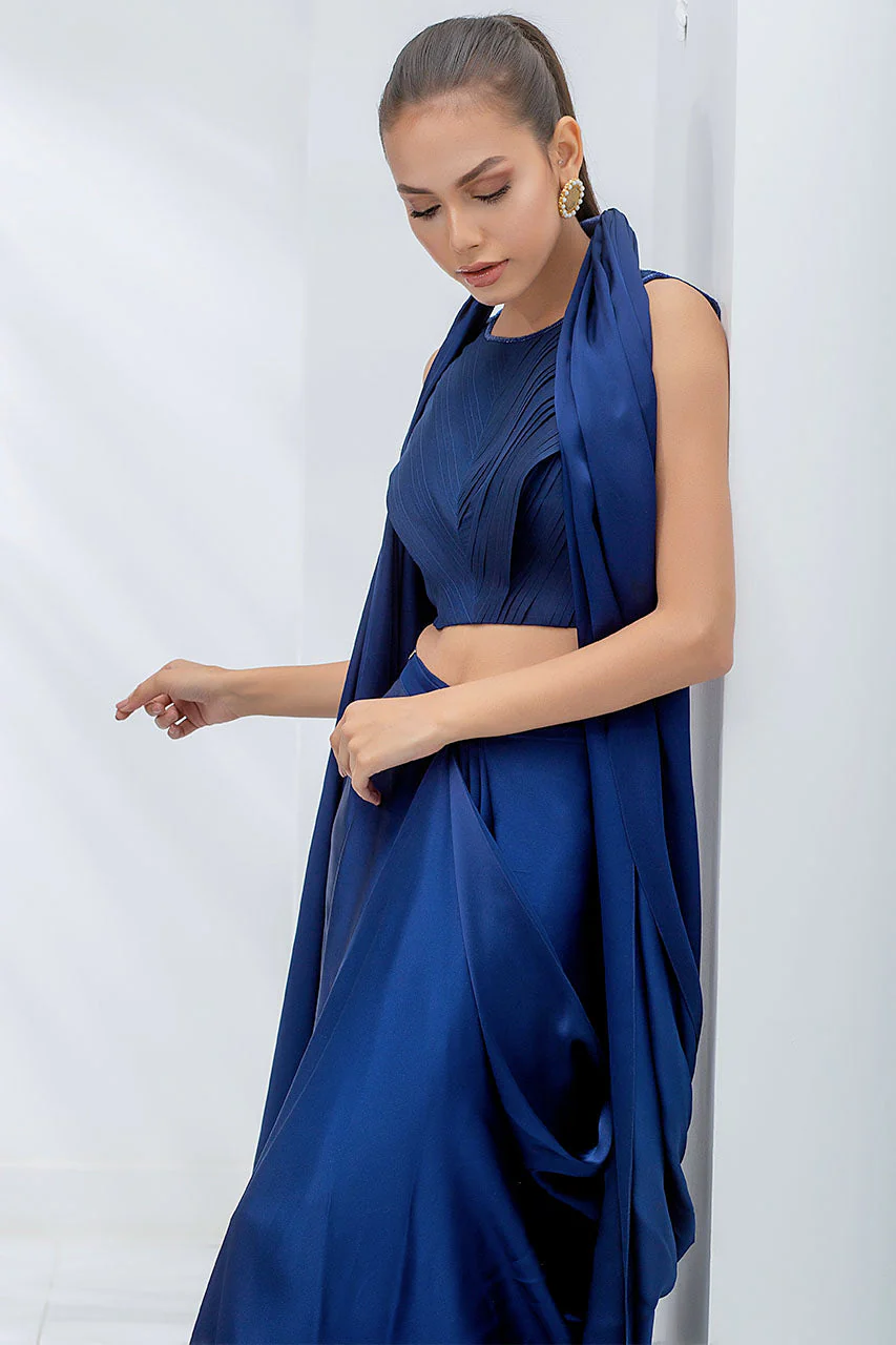 Charmeuse Draped Sari With Silk Pleated Choli With Screen Print Detailing - Image 6