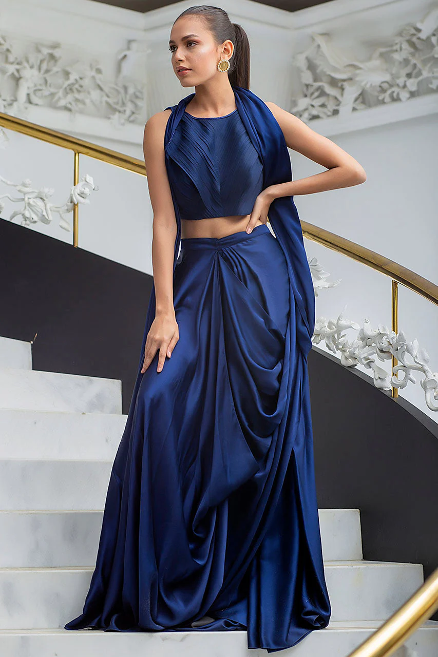 Charmeuse Draped Sari With Silk Pleated Choli With Screen Print Detailing - Image 7