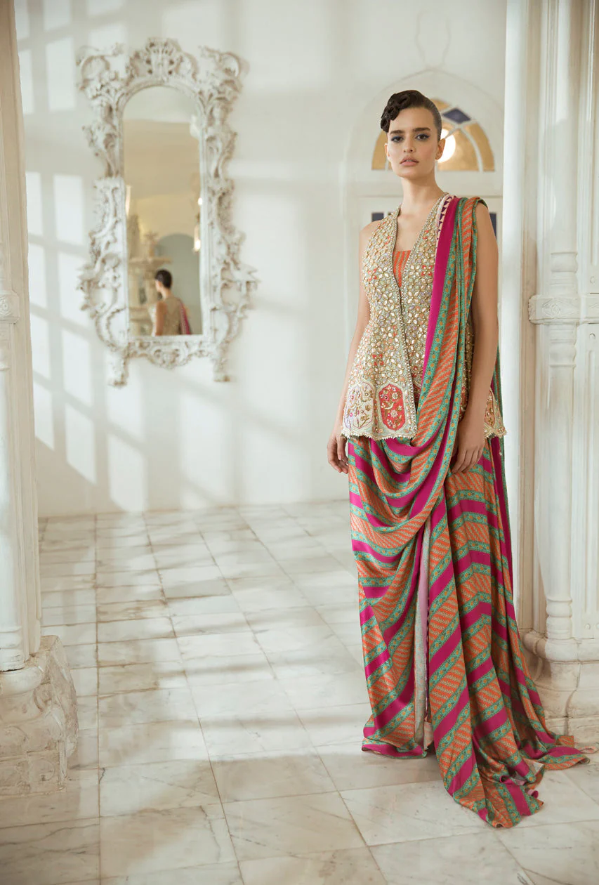 Charmeuse Printed Draped Sari - Image 3