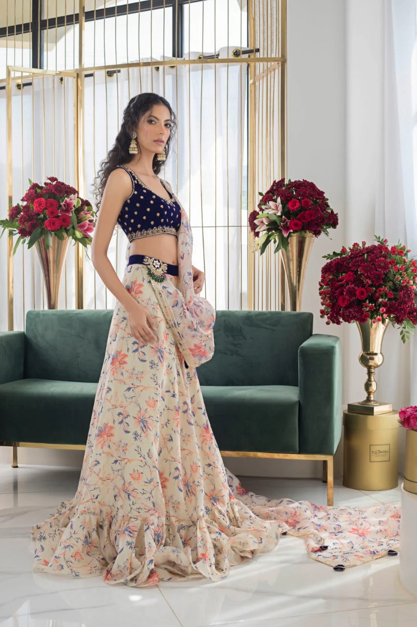 Cobalt Velvet Choli And Lehnga - Image 3