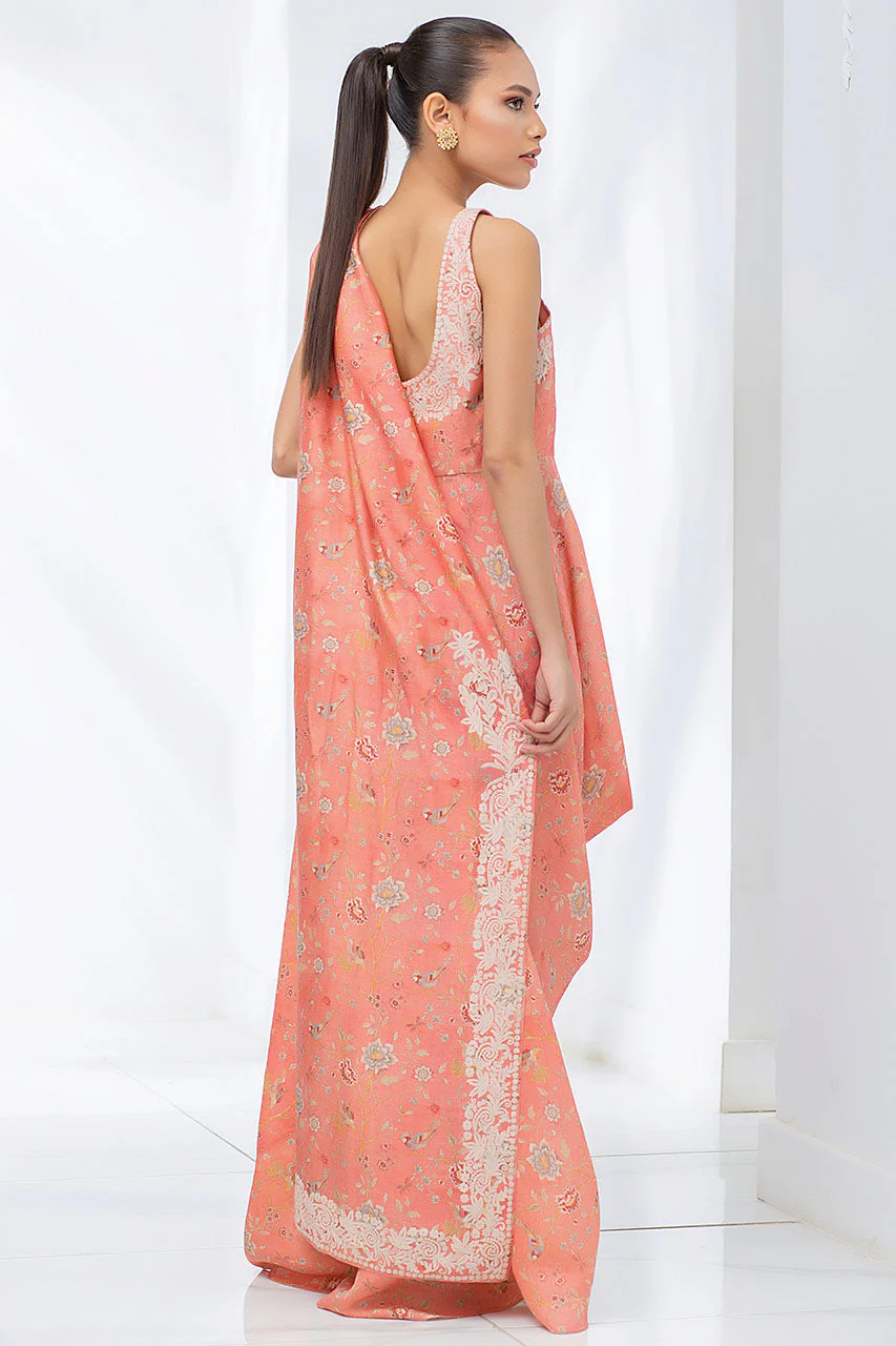 Coral Peach Khaddi Silk Draped Sari With Crop Trousers - Image 3