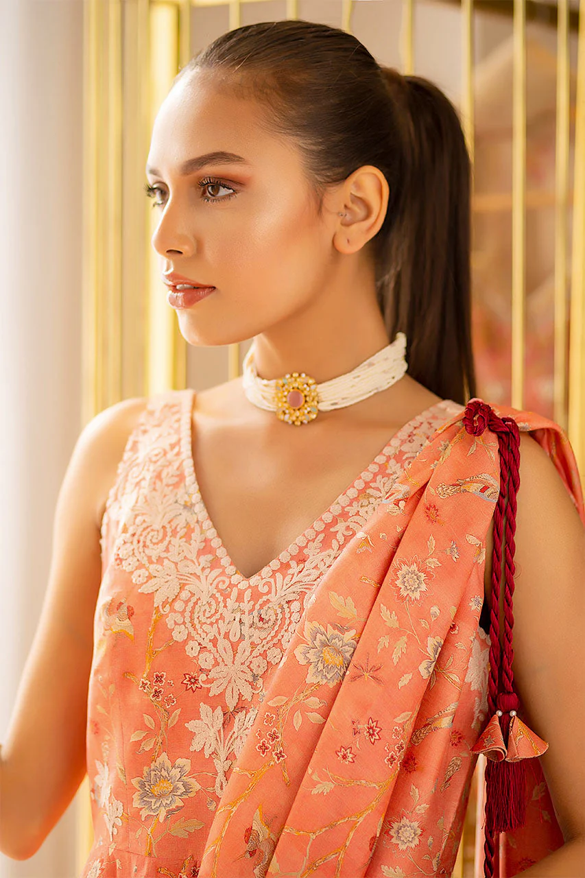 Coral Peach Khaddi Silk Draped Sari With Crop Trousers - Image 4