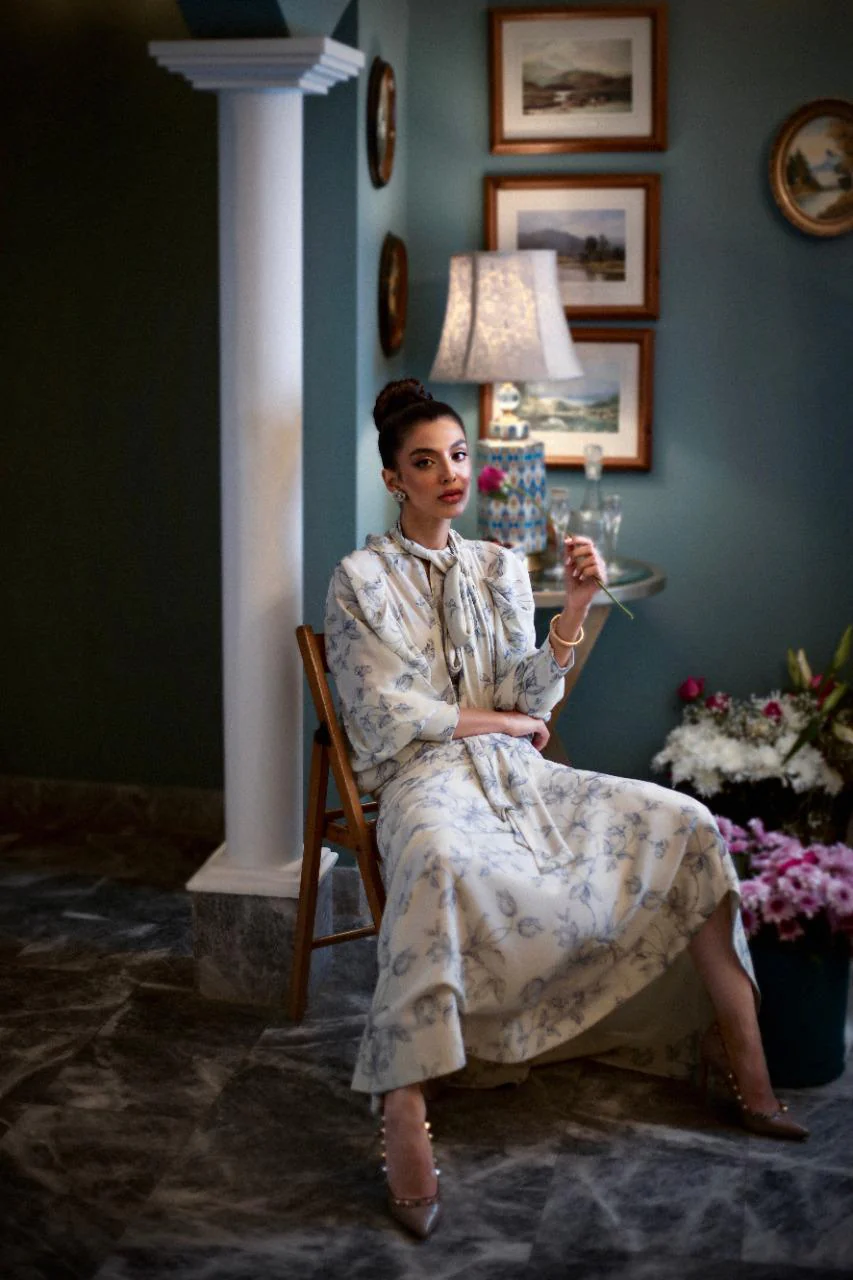 Cream & Baby Blue Silk Skirt & Top Co-Ord Set - Image 5