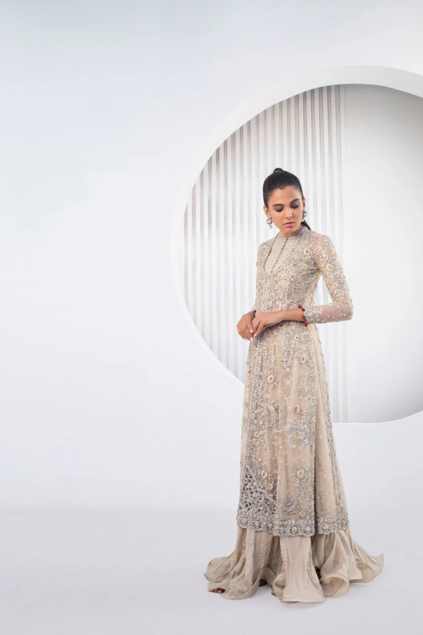 Creme French Net Peshwas with Dupatta - Image 3