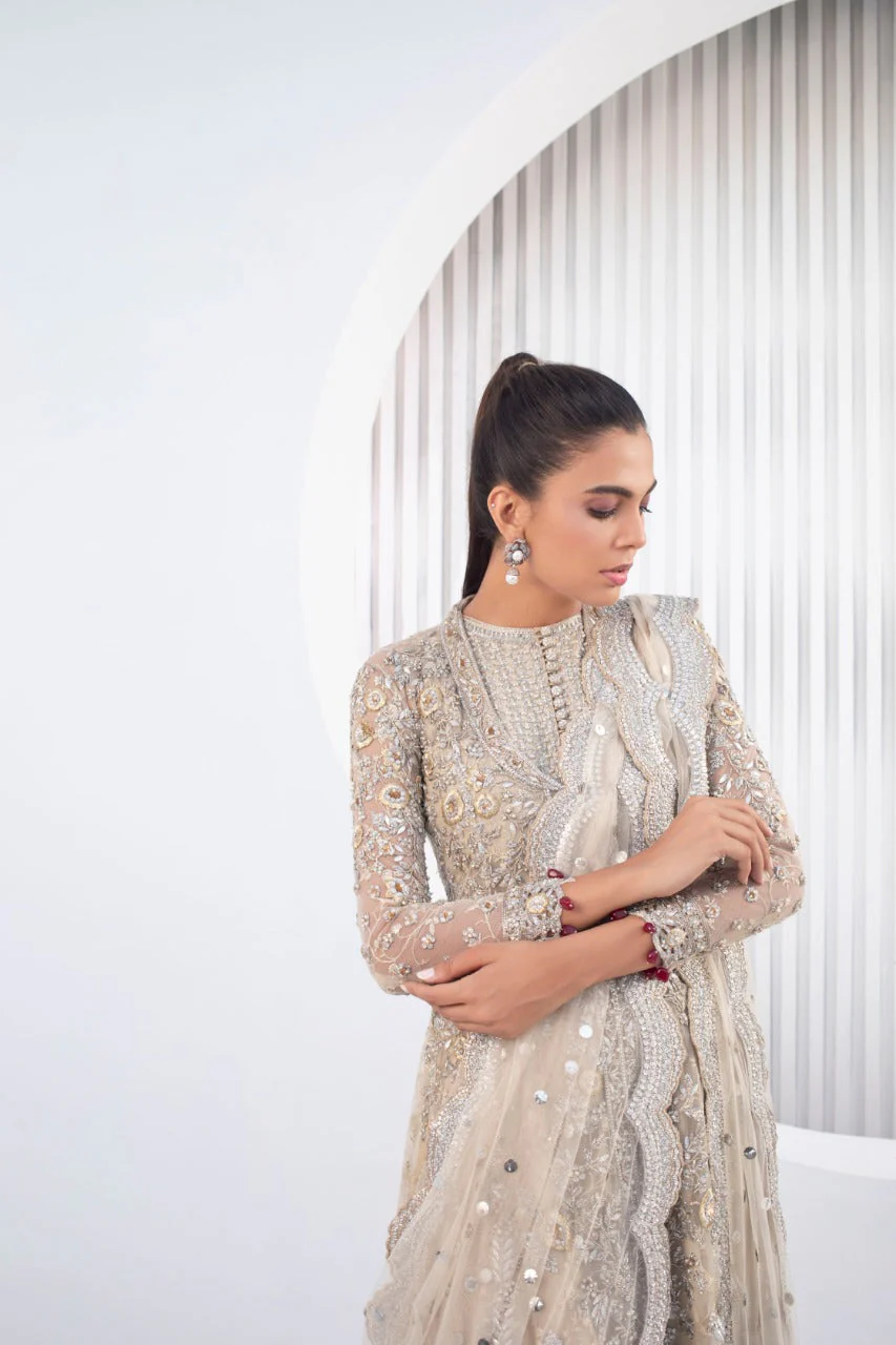 Creme French Net Peshwas with Dupatta - Image 4