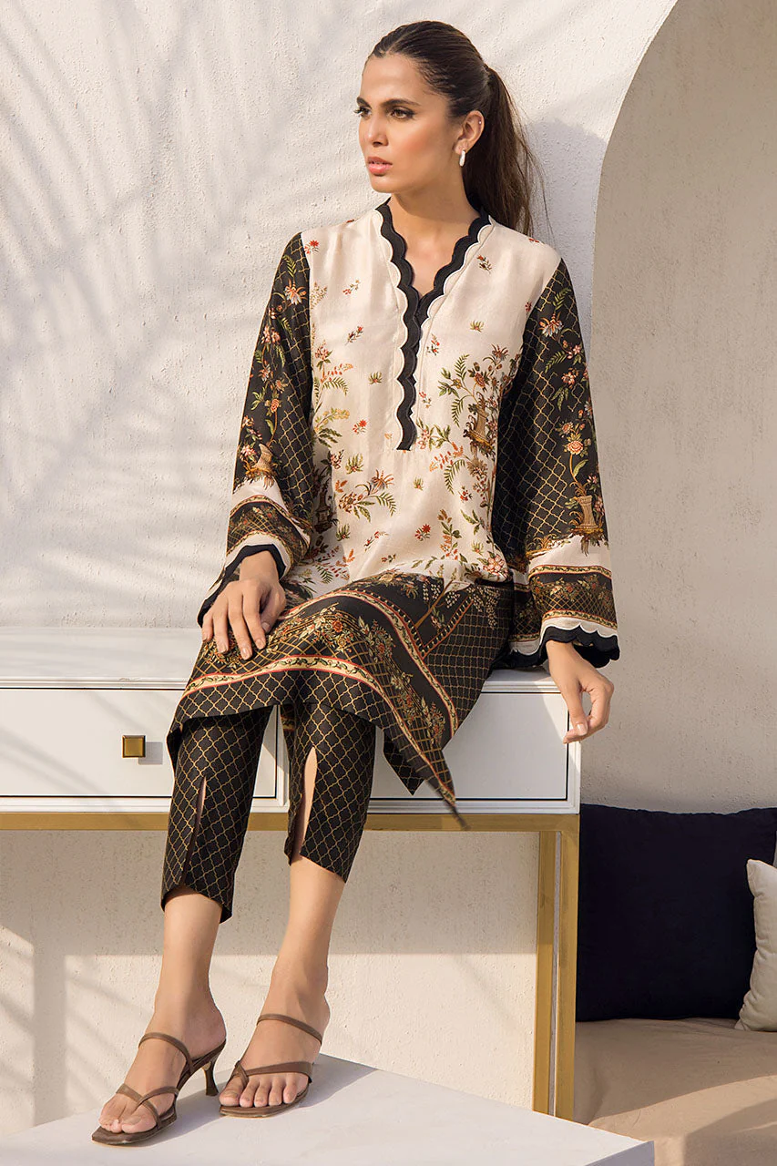 Digitally Printed Black And Cream Raw Silk Kurta - Image 3