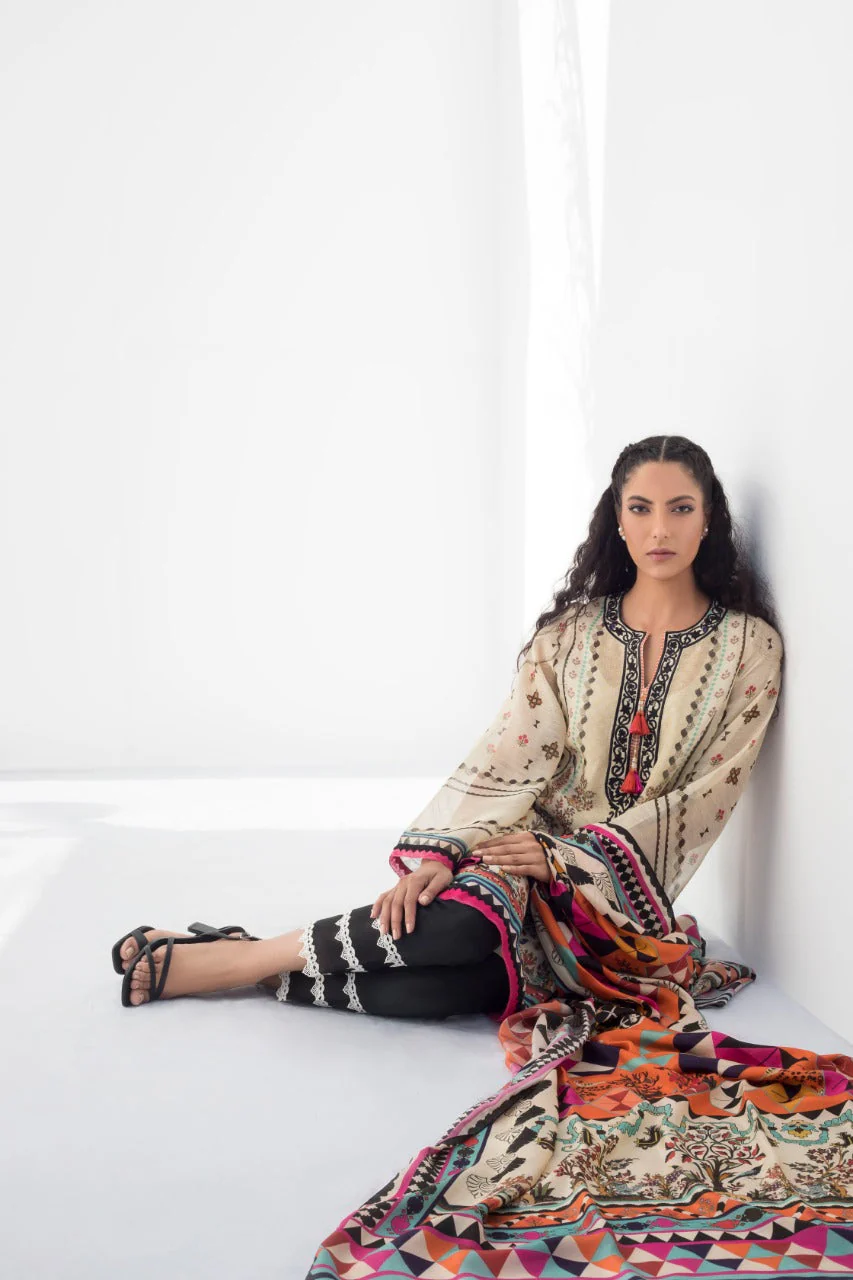 Embroidered Cotton Net Printed Kurta And Trouser with Dupatta - Image 3