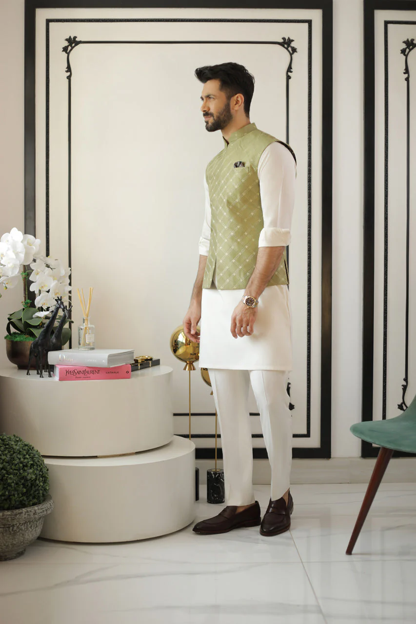 Embroidered Raw Silk Kurta And Pant with Waist Coat - Image 3