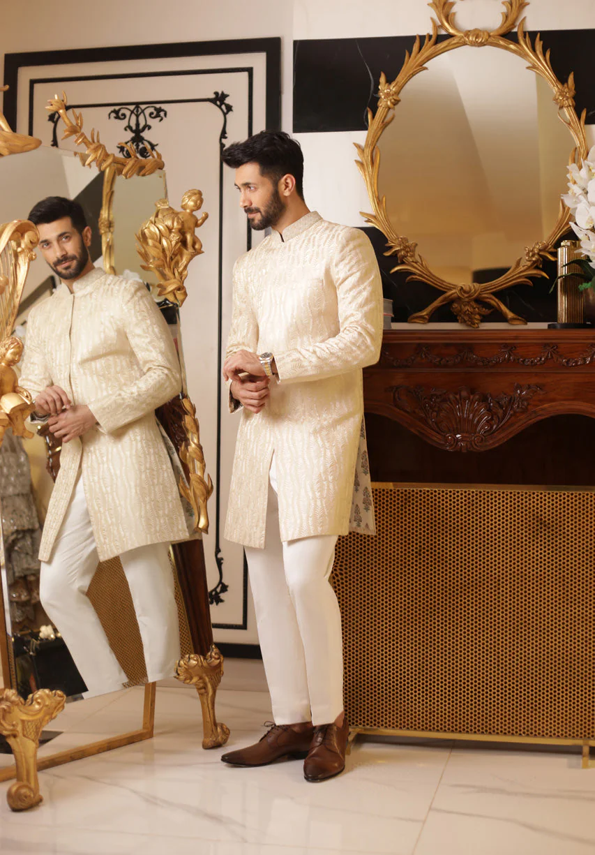 Embroidered Sherwani With Plain Pants - Image 3
