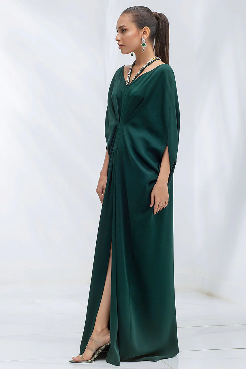 Emerald Kaftan In Italian Crepe With Embellished Strap Detail - Image 3