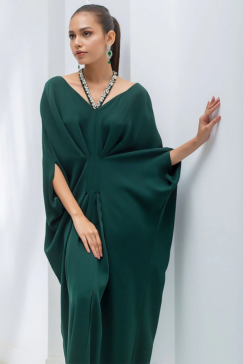 Emerald Kaftan In Italian Crepe With Embellished Strap Detail - Image 4