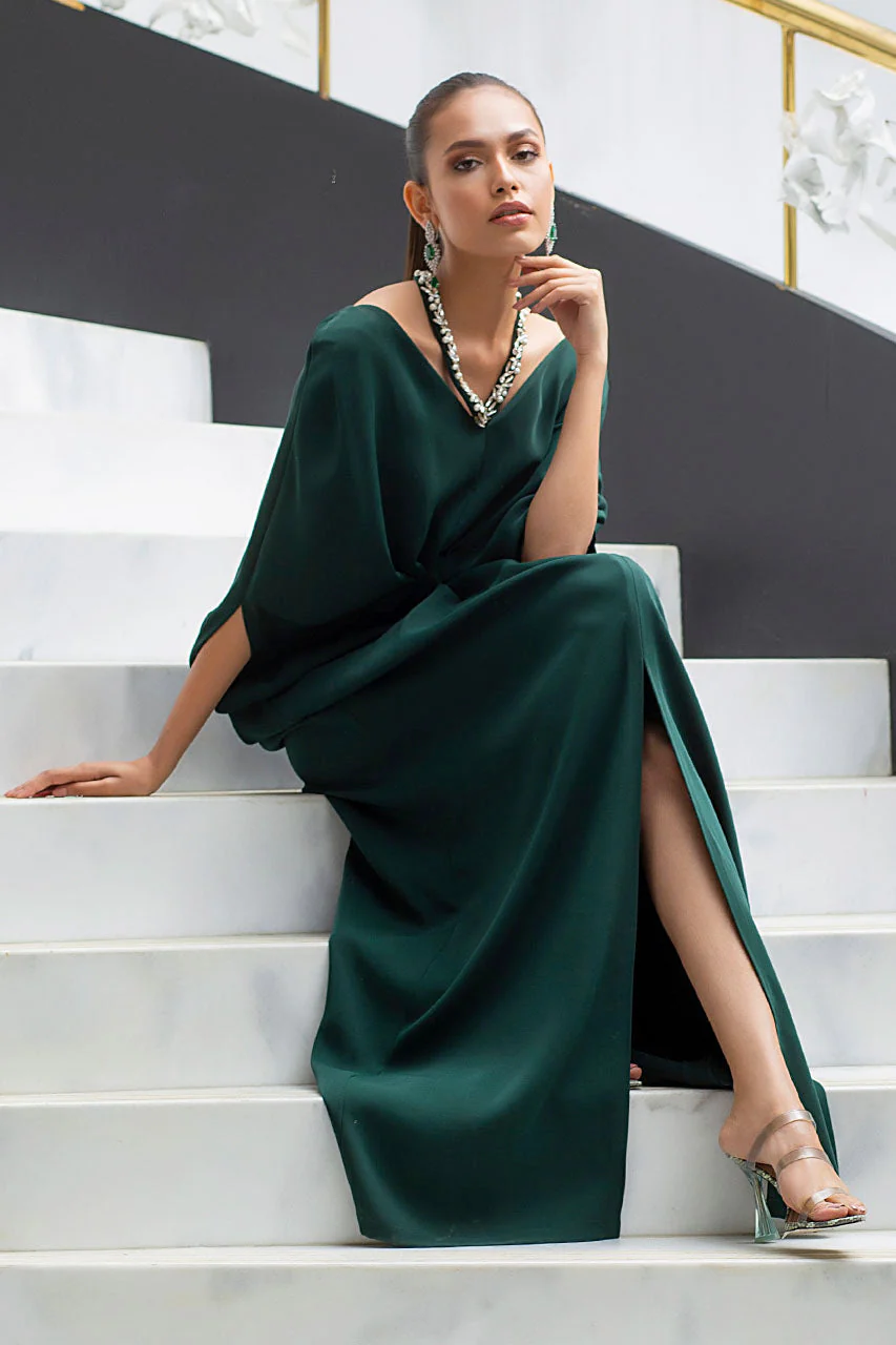 Emerald Kaftan In Italian Crepe With Embellished Strap Detail - Image 5