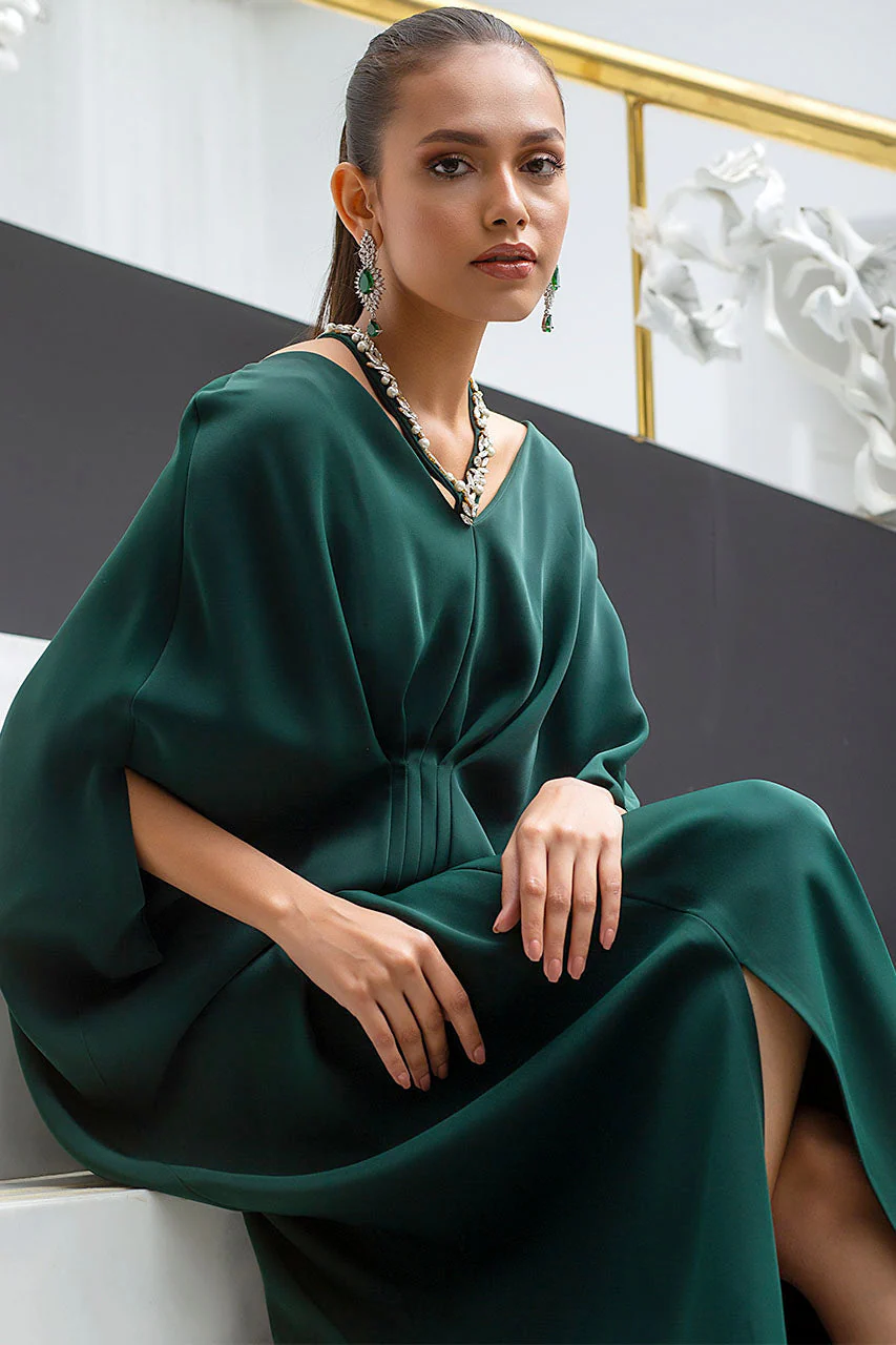 Emerald Kaftan In Italian Crepe With Embellished Strap Detail - Image 6