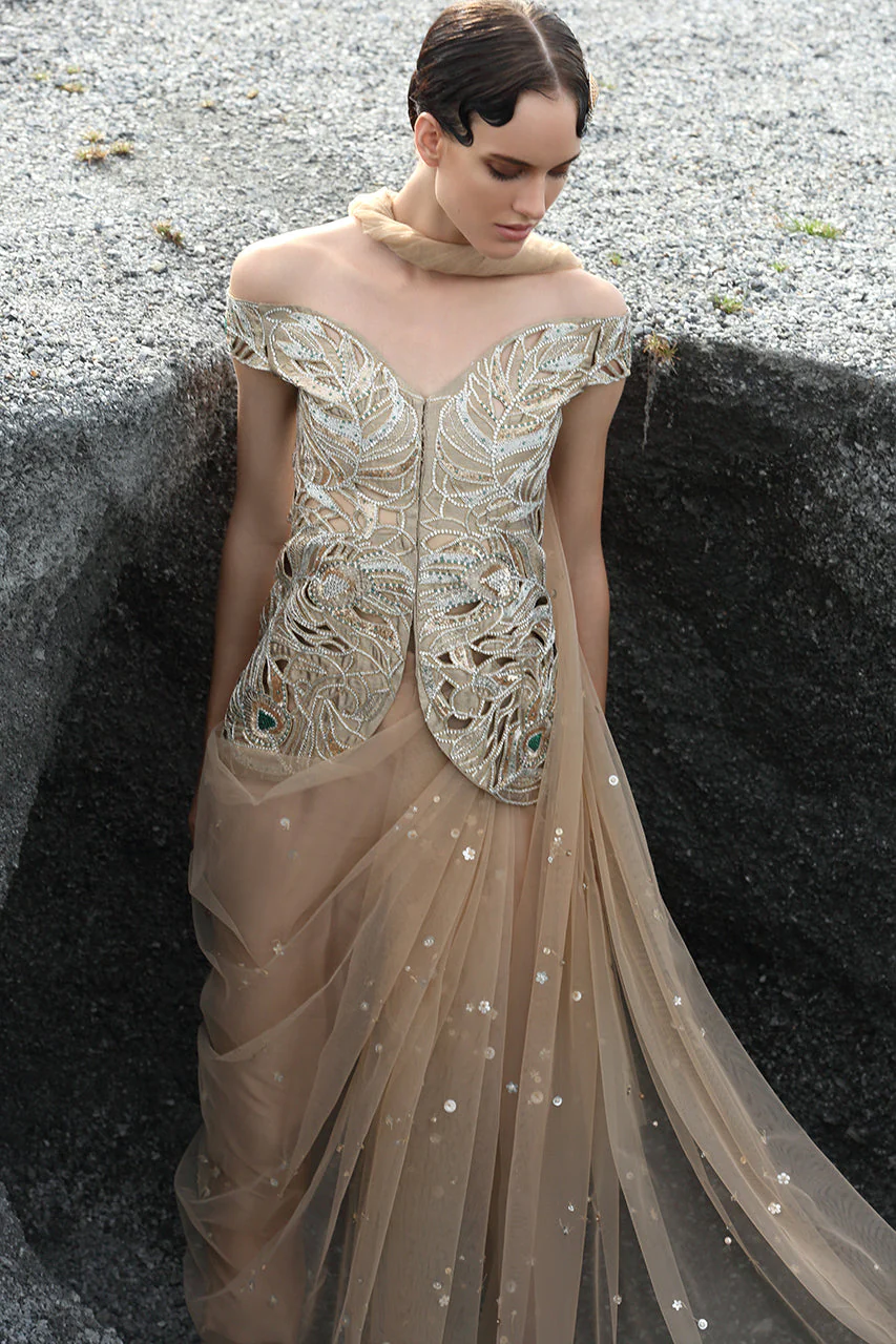 Hand Embellished Tissue Off-Shoulder Short Jacket With Draped Chan Dupatta - Image 3