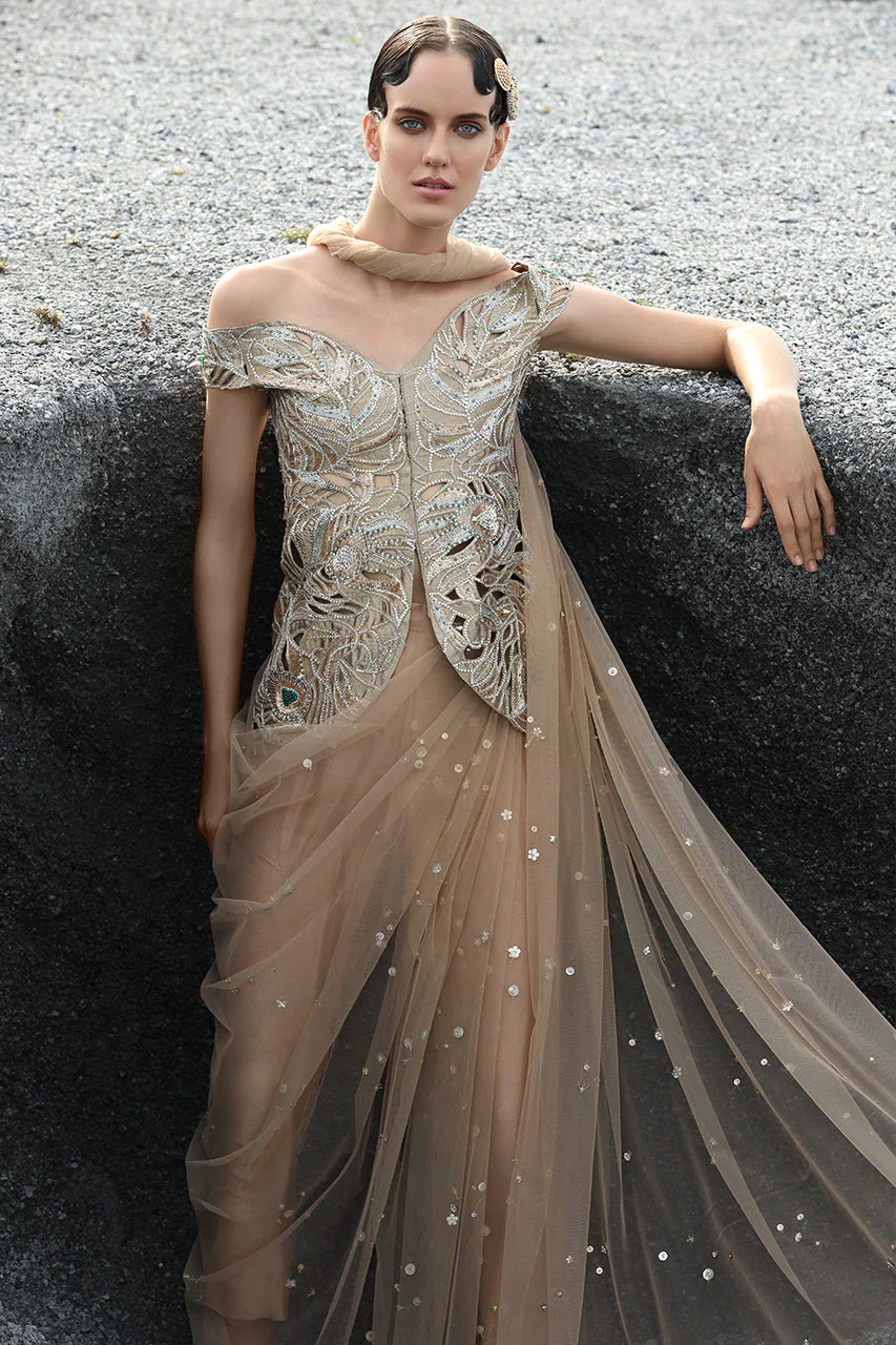 Hand Embellished Tissue Off-Shoulder Short Jacket With Draped Chan Dupatta - Image 4
