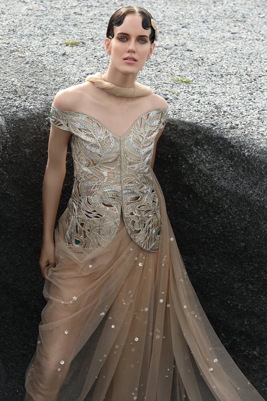 Hand Embellished Tissue Off-Shoulder Short Jacket With Draped Chan Dupatta - Image 5