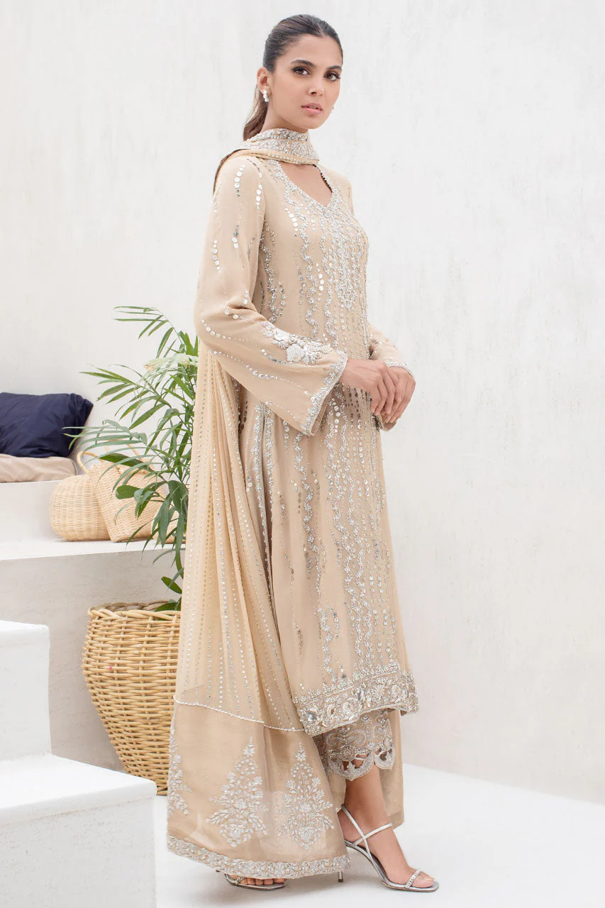 Honey Beige Georgette Long Shirt With Kamdani And Tissue Dupatta - Image 3