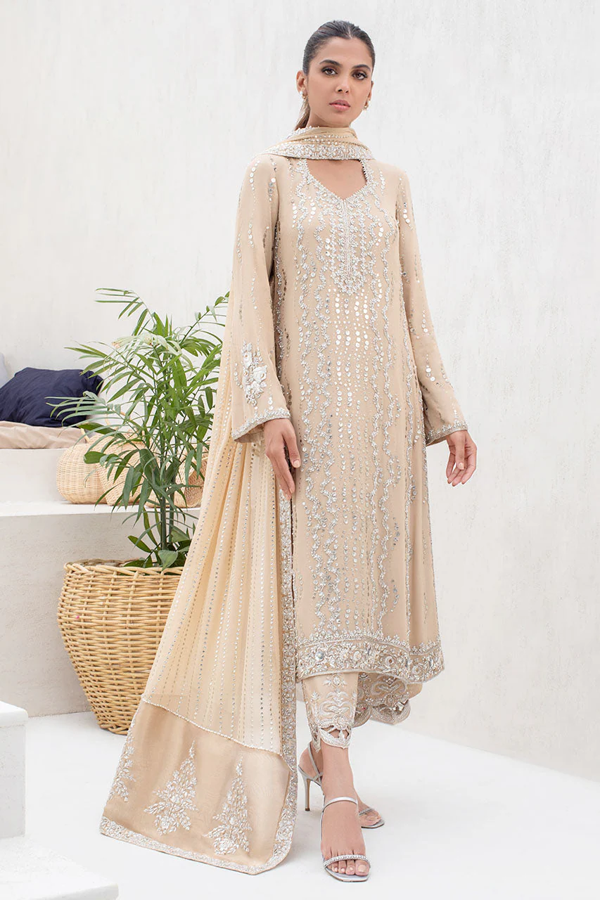 Honey Beige Georgette Long Shirt With Kamdani And Tissue Dupatta - Image 4