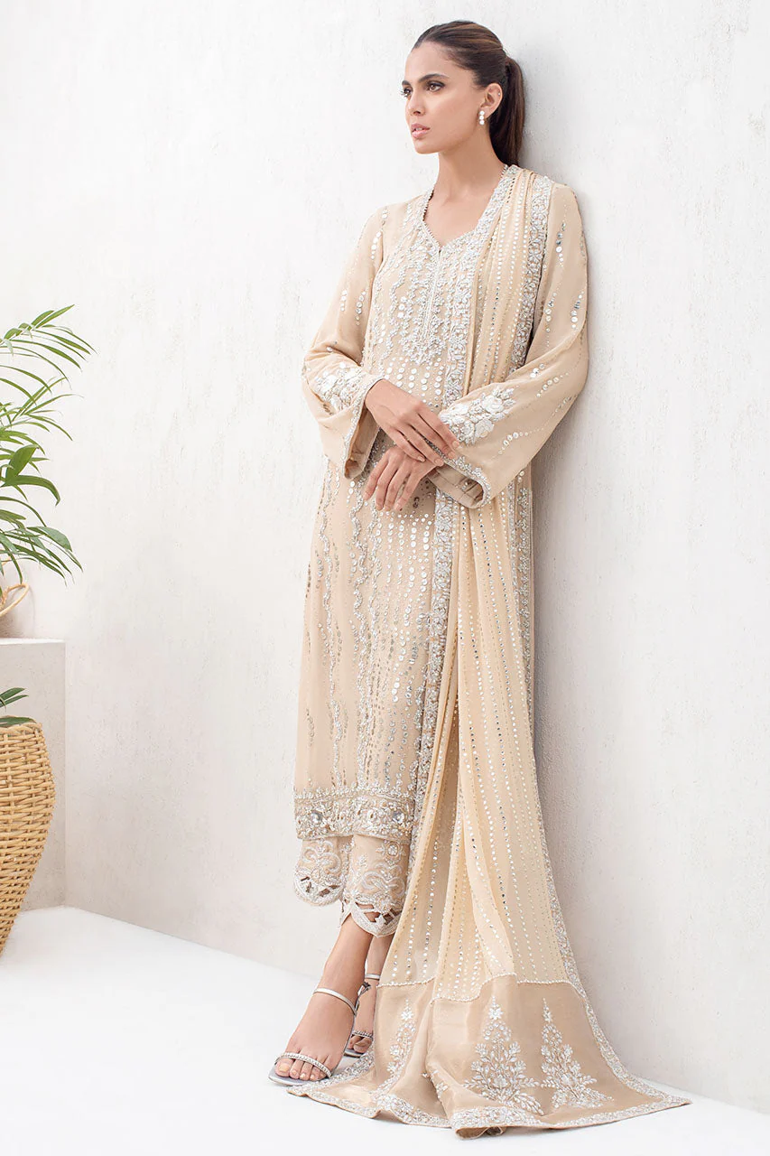 Honey Beige Georgette Long Shirt With Kamdani And Tissue Dupatta - Image 5