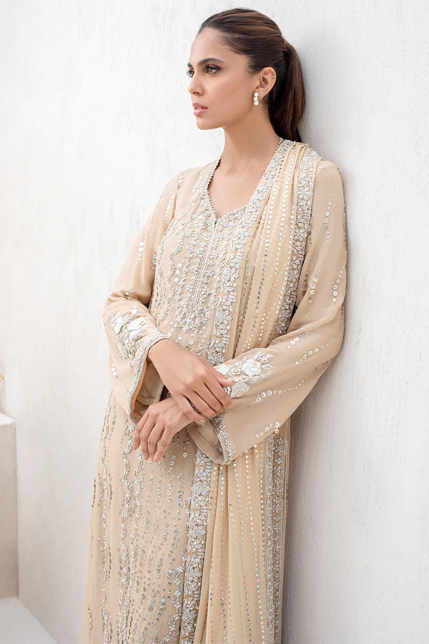 Honey Beige Georgette Long Shirt With Kamdani And Tissue Dupatta - Image 6