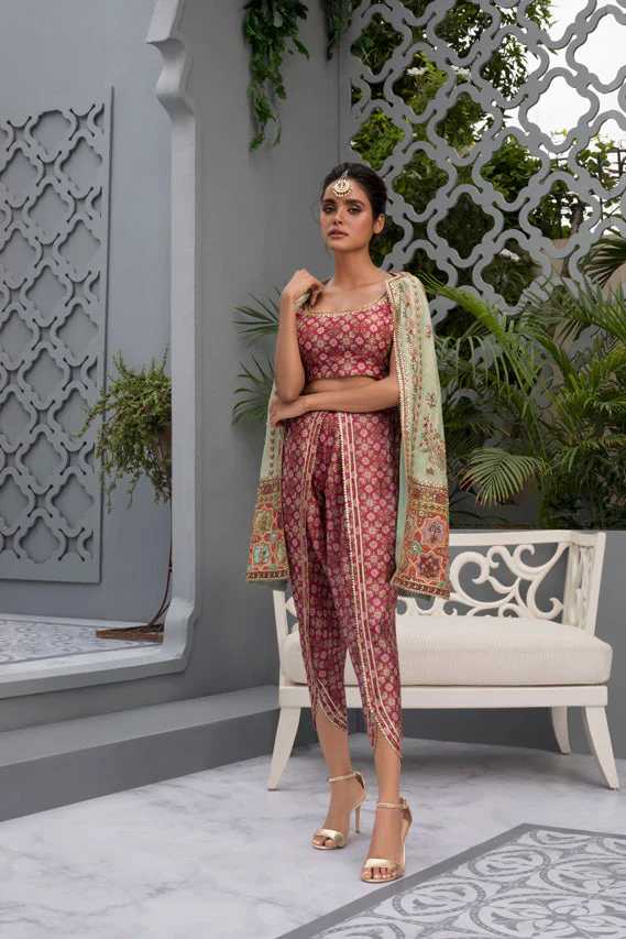 Mint Gota Silk Jacket with Printed Choli & Tulip Shalwar - Image 3