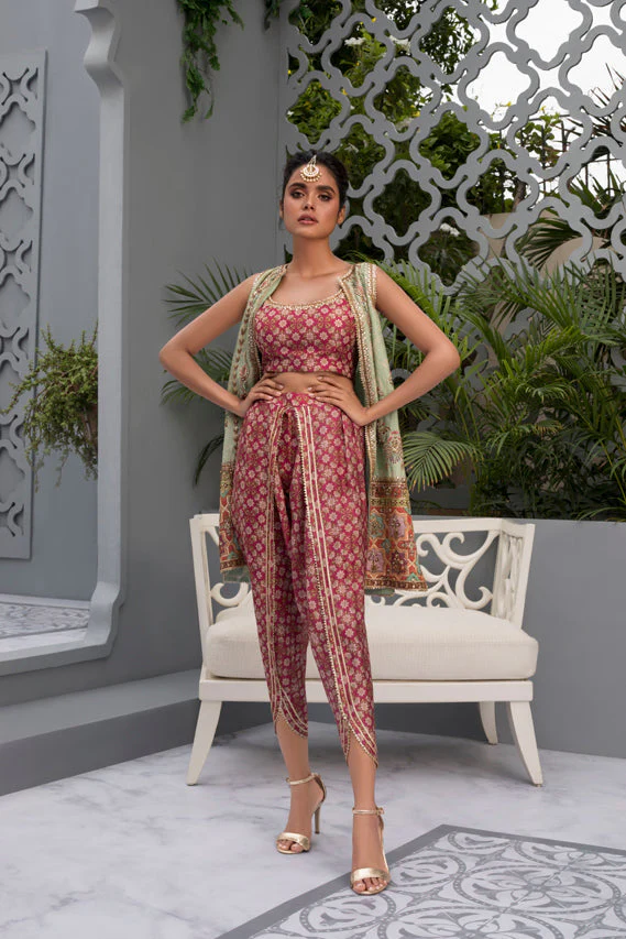 Mint Gota Silk Jacket with Printed Choli & Tulip Shalwar - Image 4