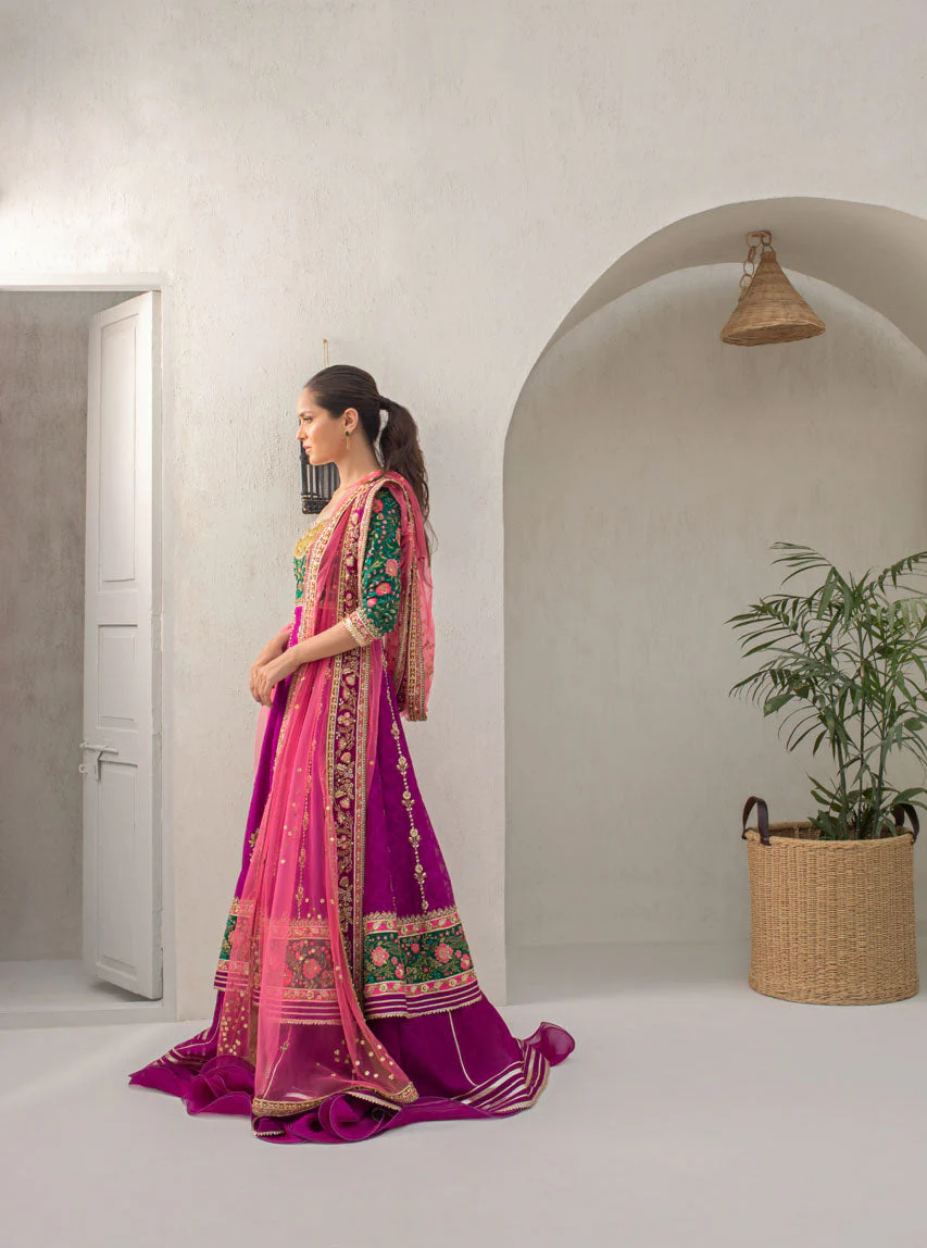 Parrot Green And Fuschia Worked Peshwas With Dusty Pink Net Dupatta - Image 2