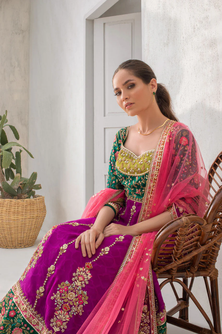 Parrot Green And Fuschia Worked Peshwas With Dusty Pink Net Dupatta - Image 3