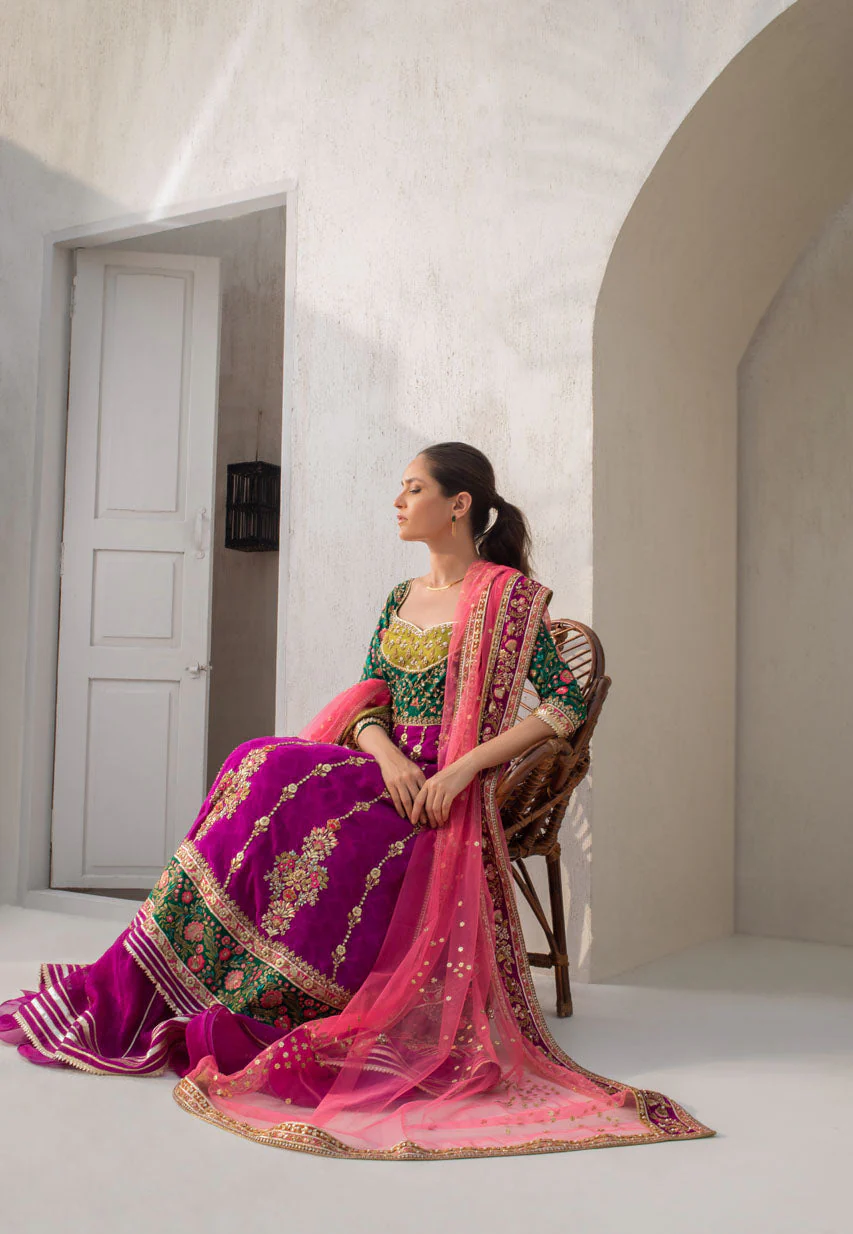 Parrot Green And Fuschia Worked Peshwas With Dusty Pink Net Dupatta - Image 4