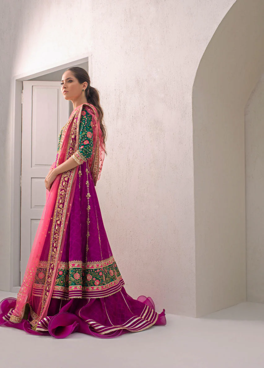 Parrot Green And Fuschia Worked Peshwas With Dusty Pink Net Dupatta - Image 5