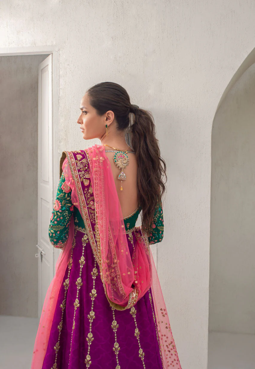 Parrot Green And Fuschia Worked Peshwas With Dusty Pink Net Dupatta - Image 6