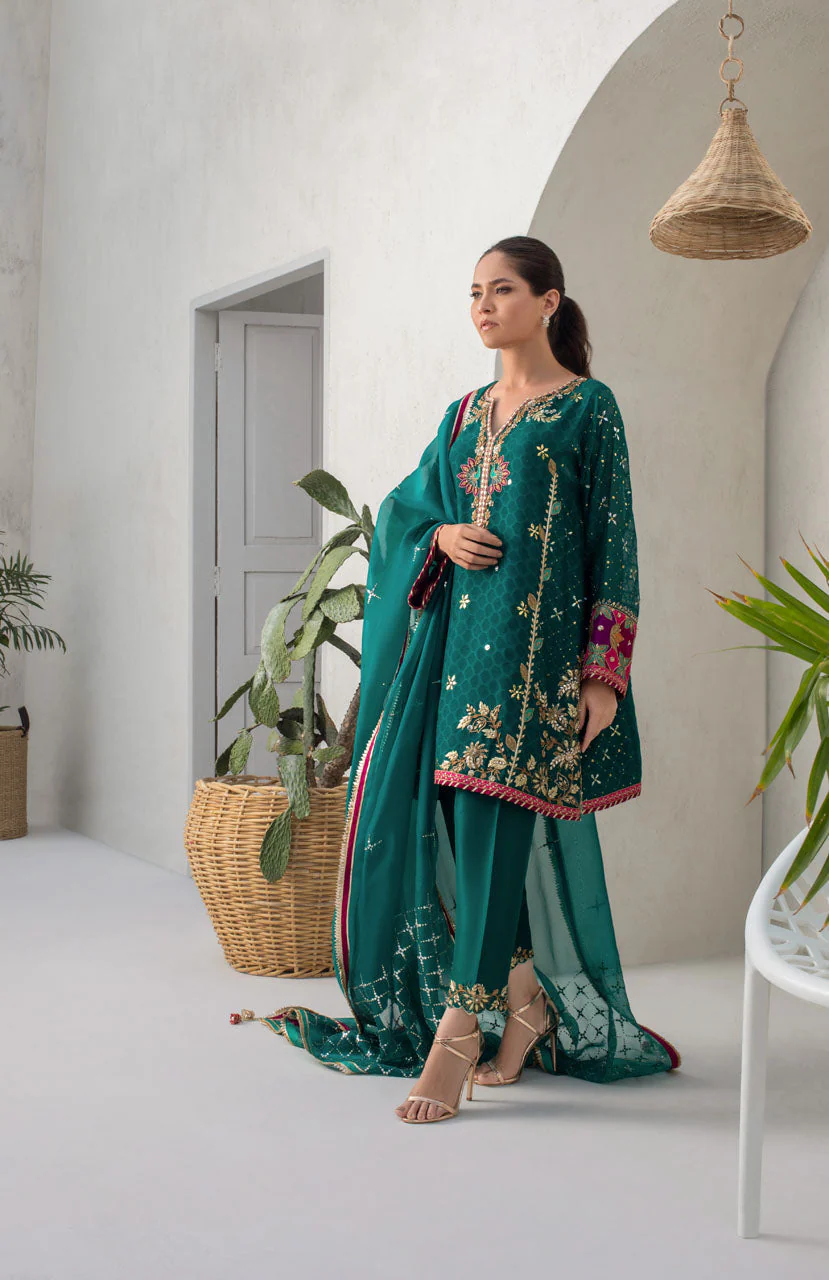Pepper Green Cotton Net Kurta With Kamdani Detailing - Image 2