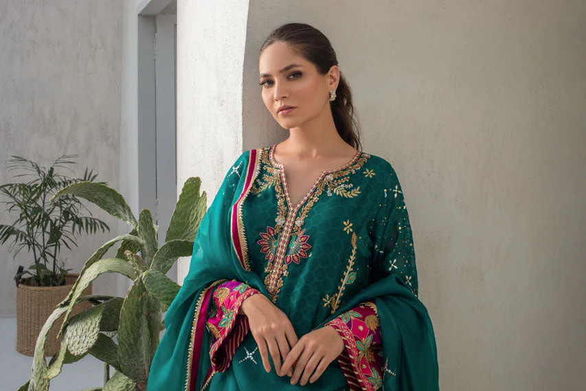 Pepper Green Cotton Net Kurta With Kamdani Detailing - Image 3