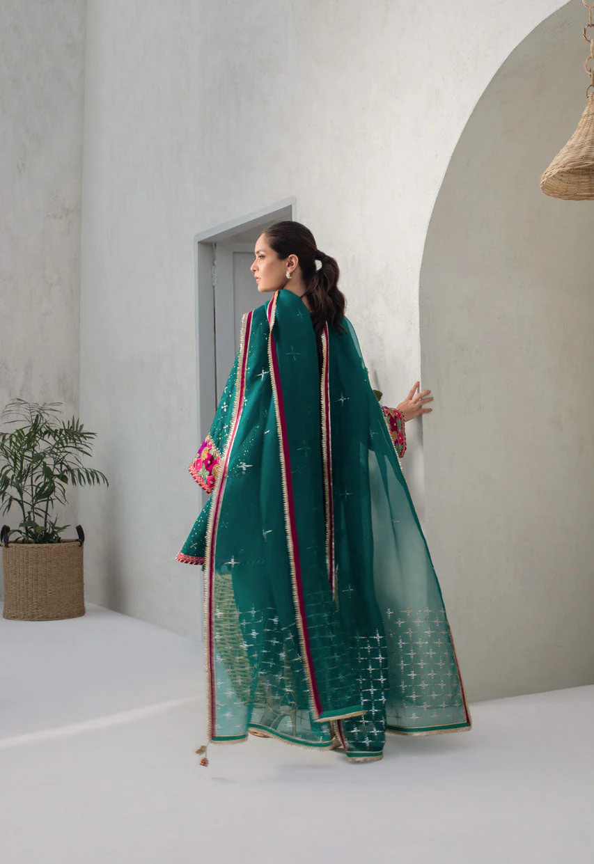 Pepper Green Cotton Net Kurta With Kamdani Detailing - Image 4
