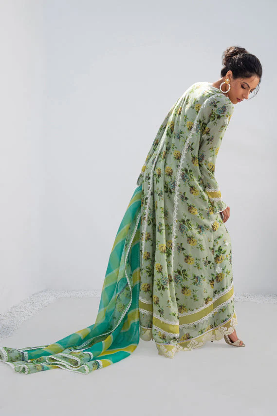 Pistachio Printed Silk Long Shirt with Organza Dupatta - Image 3
