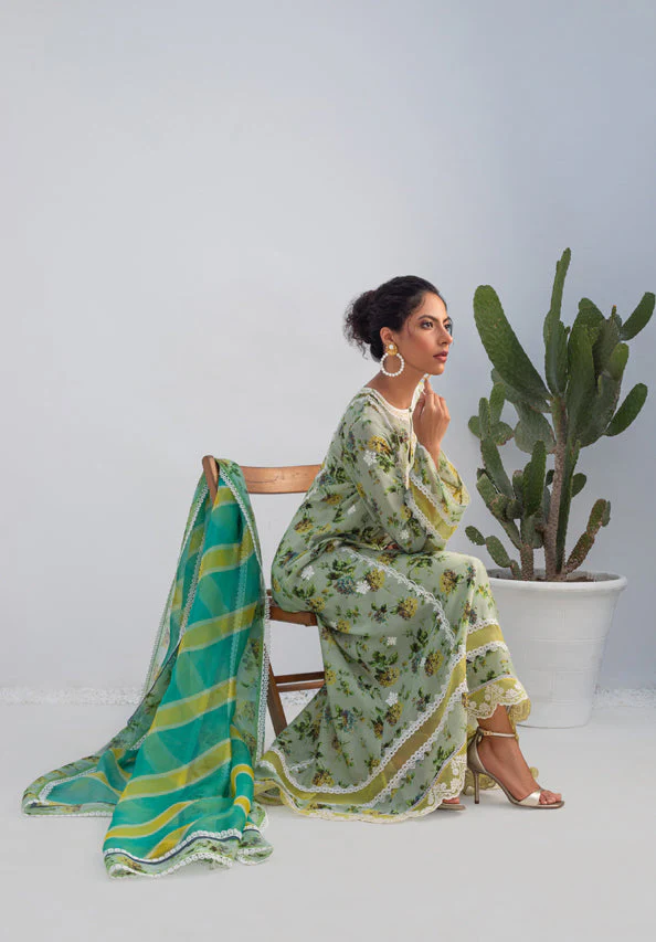 Pistachio Printed Silk Long Shirt with Organza Dupatta - Image 4