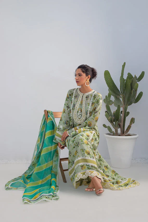 Pistachio Printed Silk Long Shirt with Organza Dupatta - Image 5