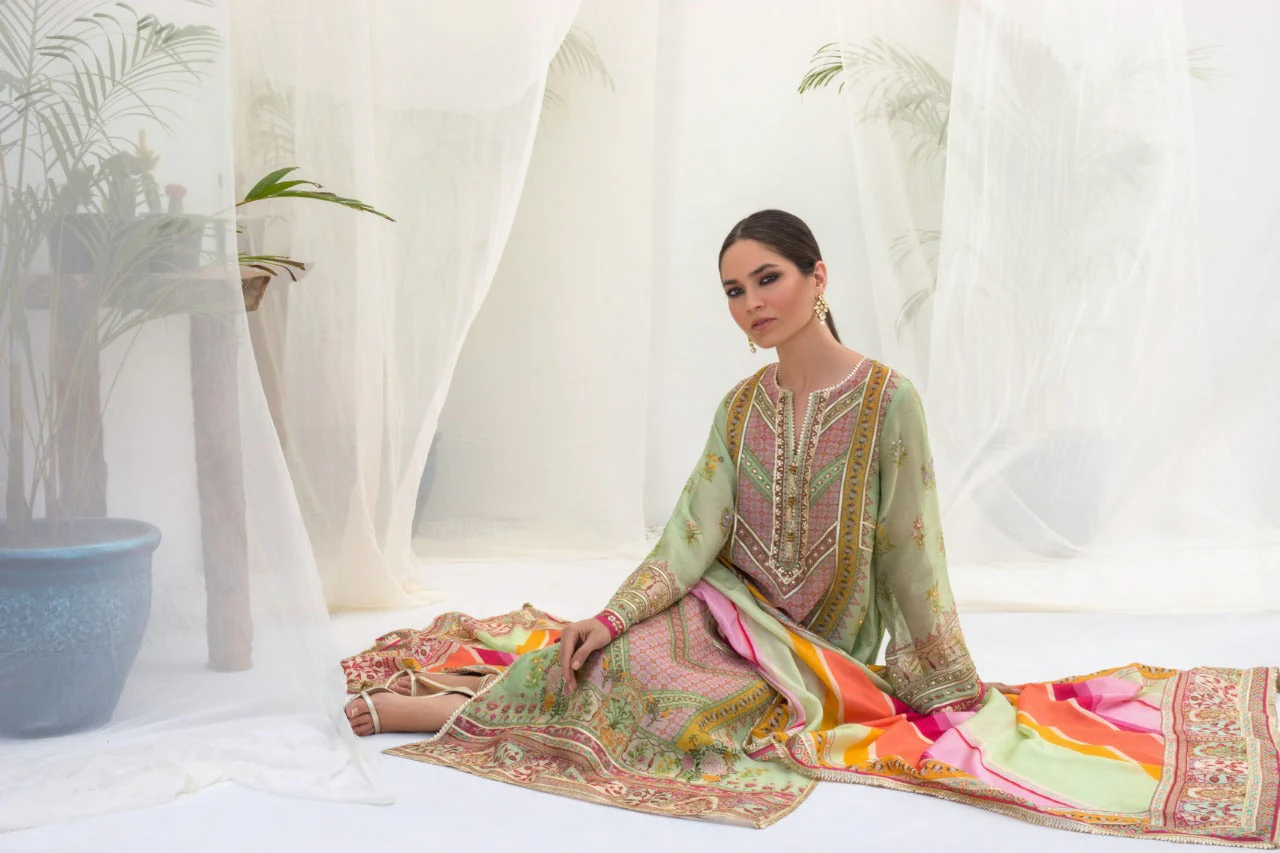 Printed Cotton Net Hand Work Kurta And Izaar with Dupatta - Image 3