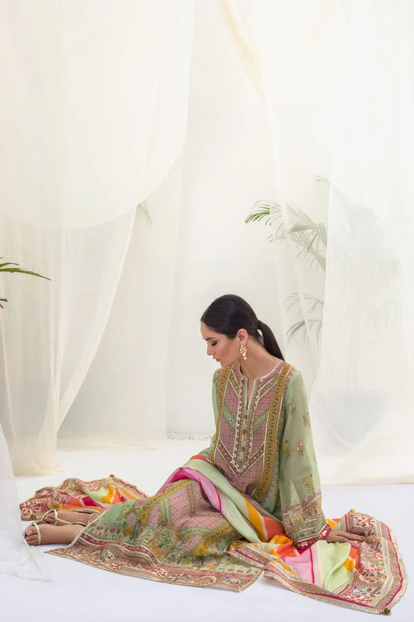 Printed Cotton Net Hand Work Kurta And Izaar with Dupatta - Image 4