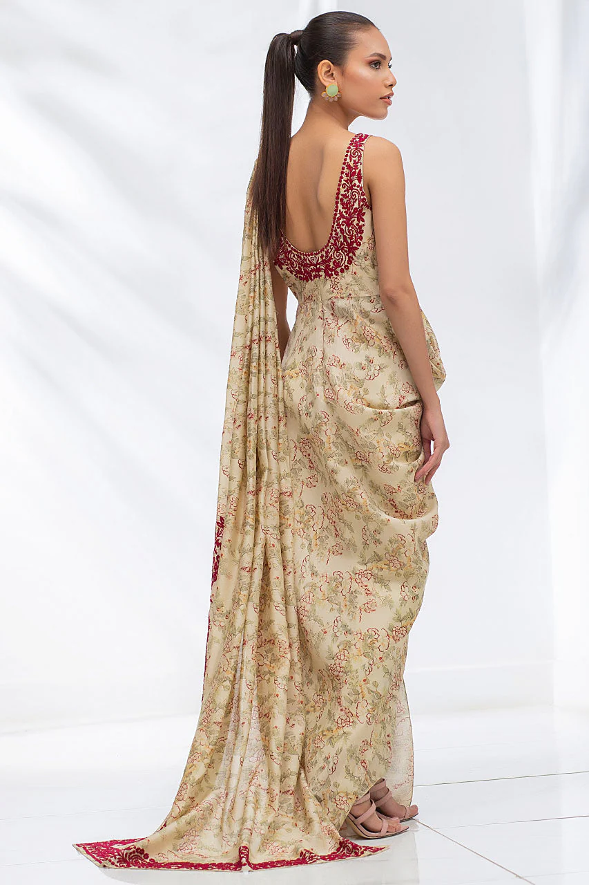Sand Coloured Khaddi Silk Draped Sari With Crop Trousers - Image 3