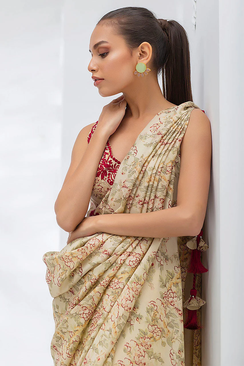 Sand Coloured Khaddi Silk Draped Sari With Crop Trousers - Image 4