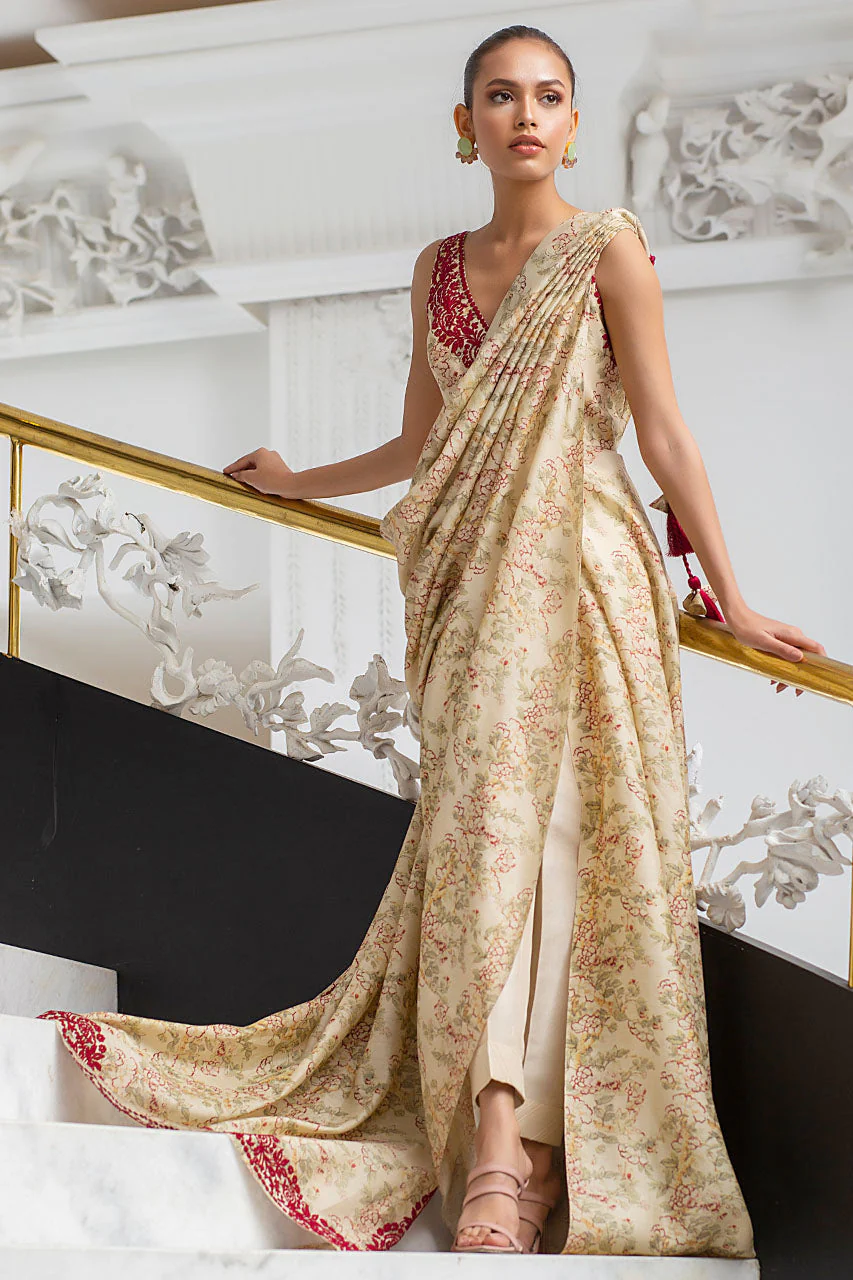 Sand Coloured Khaddi Silk Draped Sari With Crop Trousers - Image 5